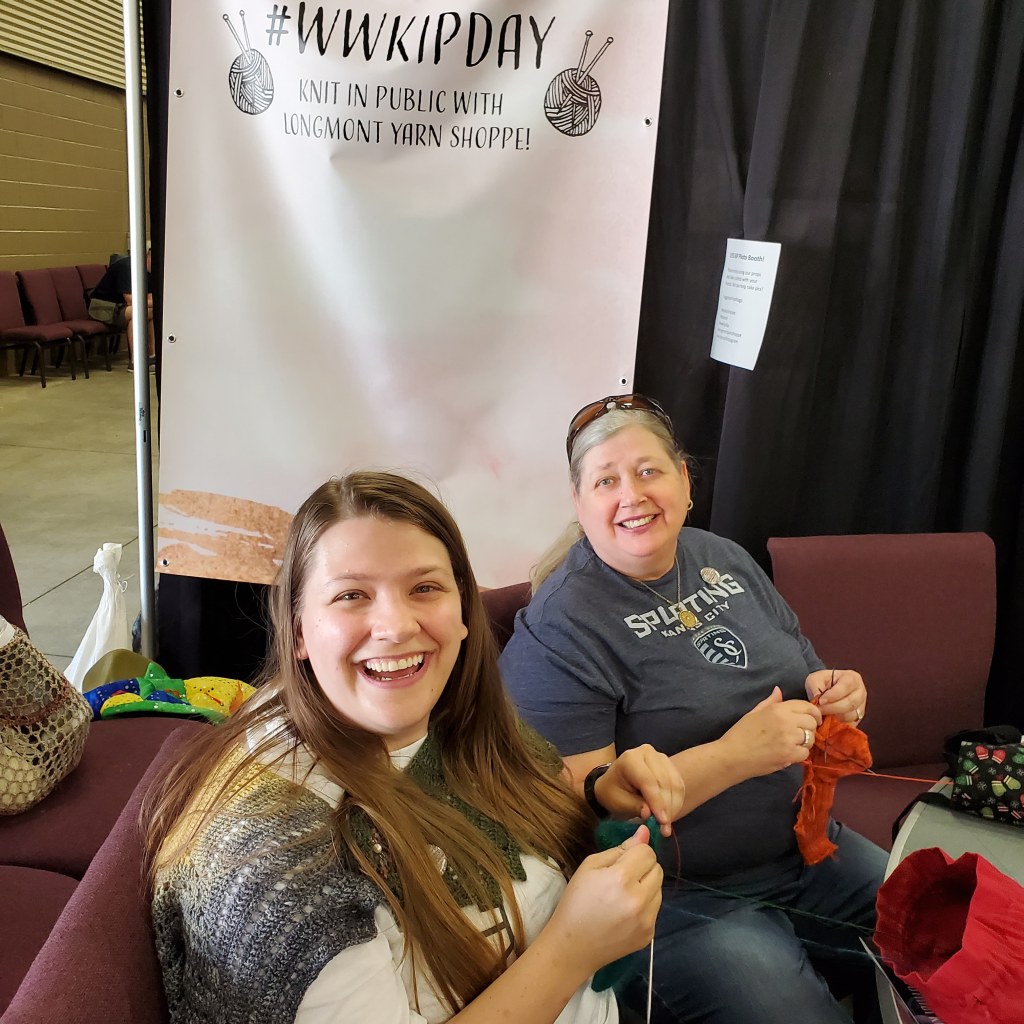 Mom and I at World Wide Knit in Public Day at Longmont Yarn Shoppe