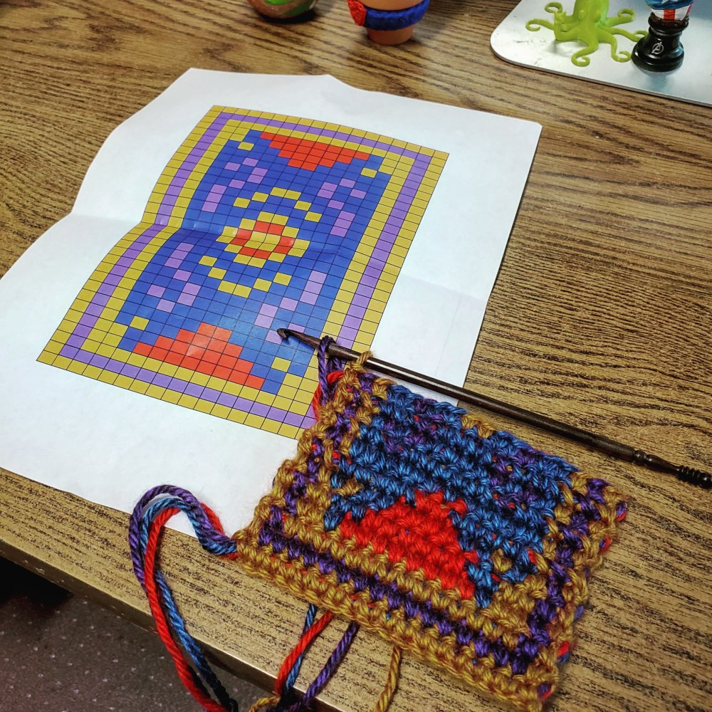 Magic Mug Rug in progress with chart