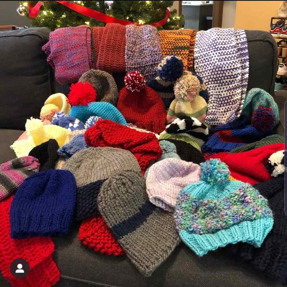 All of the donated hats and scarves