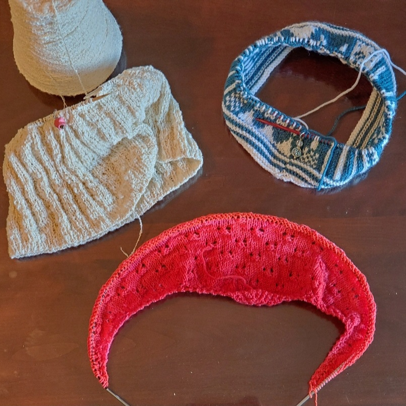 In-progress knitting projects