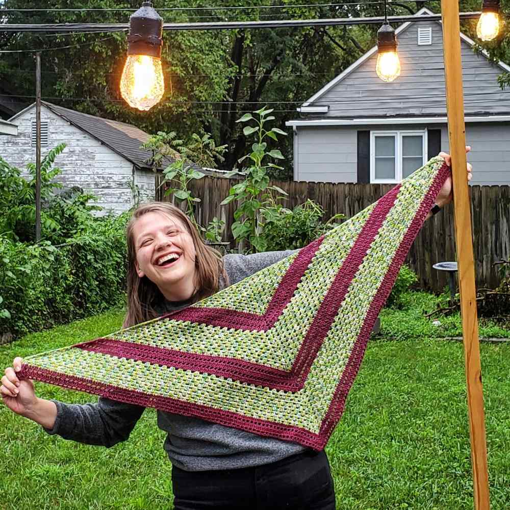 Emma holding up her Drive-In Shawl
