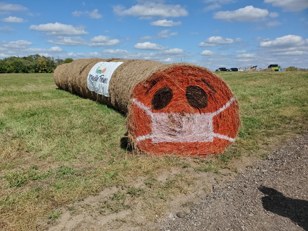 Hay-bale painted to look like a jack o lantern wearing a mask