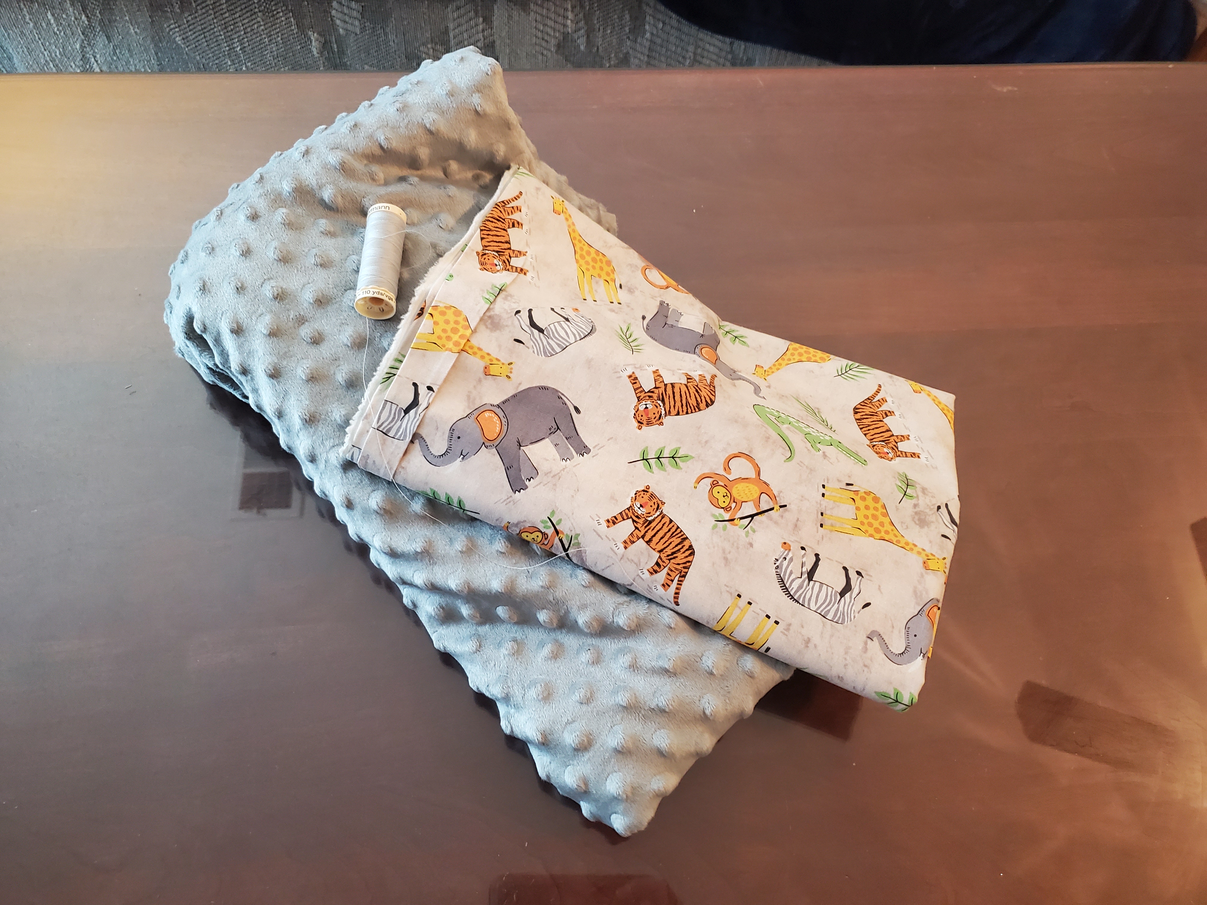 cotton, minky, and thread for the blanket
