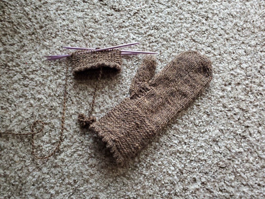 one finished and one in-progress mitten