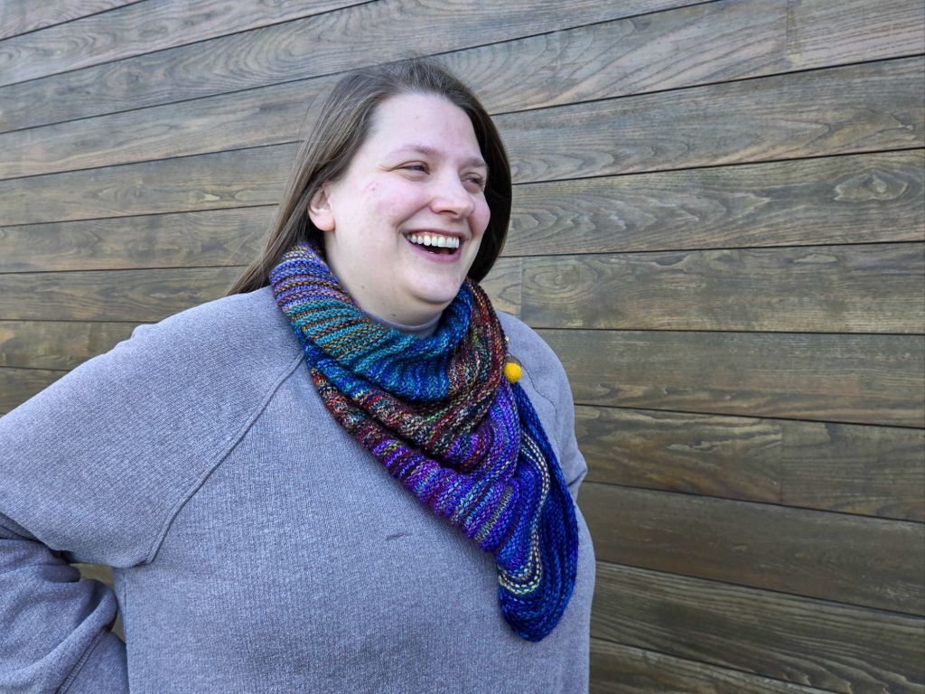 Emma modeling her 12 Days of Th'red Head traveler cowl